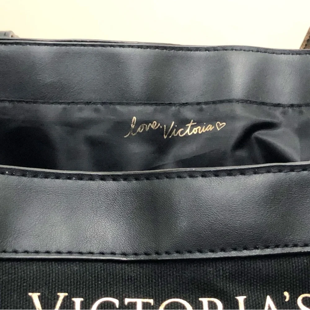 Extra Large Victoria’s Secret Black VS Tote Bag Shoulder Gold Faux Leather - Picture 5 of 11